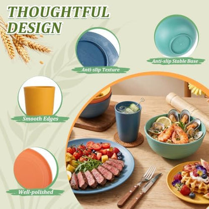 PYRMONT 40 Pcs Wheat Straw Plates and Bowls Set Colorful Dinnerware Set