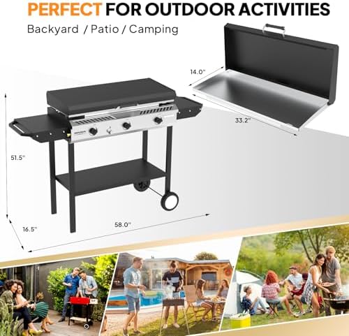 ROVSUN 2-in-1 Propane Stove & 33'' Griddle Combo with Ignition, 3 Burner 225,000 BTU Gas Stove & Grill with Side Shelves, Rolling Wheel & Regulator for Home Outdoor Backyard Camping Cooking Grilling
