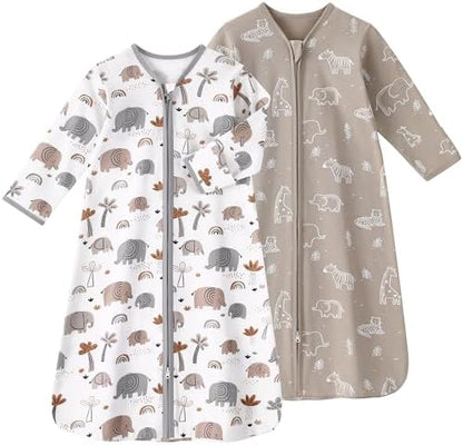 Baby Sleep Sack 12-18 Months, Long Sleeve Baby Wearable Blanket 0.5 Tog with Mittens, 2-Way Zipper Toddler Cotton Sleeping Sack for Boy and Girl Grey Elephant 2 Pack(Large)