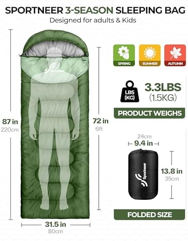 Sportneer Sleeping Bag, 3 Seasons Warm Cold Weather Sleeping Bags for Adults Kids Boys Girls with Compression Sack- Lightweight Camping Essentials Gear Accessories, Backpacking, Hiking