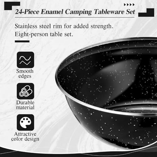 Nuogo 24 Pcs Camping Dinnerware Enamel Mugs Plates Bowls Utensils, Black