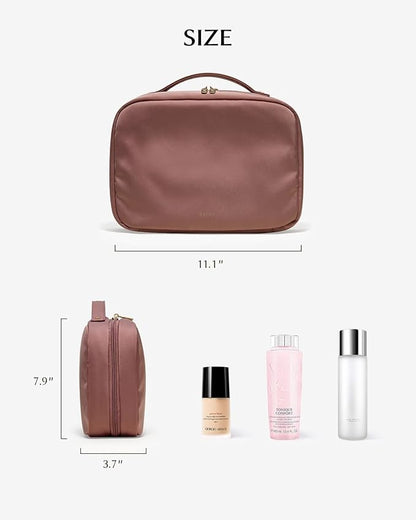 EACHY Hanging Toiletry Bag, Satin 4 Compartments Travel Toiletry Bags for Women, Large Capacity Make Up Organizer Bag with Handle & Compartments (Rose-Pink, L)