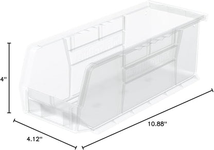 Akro-Mils 30224 AkroBins Plastic Storage Bins, Space-Saving Stackable Bins for Garage, Pantry, Craft Organization, 11" L x 4" W x 4" H, Clear, 12-Pack