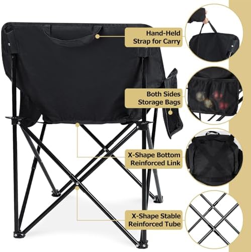 Leonyo 2 Pack Folding Camping Chairs, Portable Outdoor Beach Lawn Chairs for Adults with Carrying Bag for Outside Fishing, Hiking & Festivals, Black