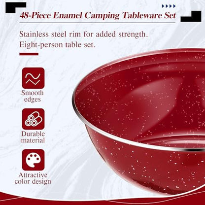 Nuogo 48 Pcs Camping Dinnerware Enamel Mugs Plates Bowls Utensils, Red