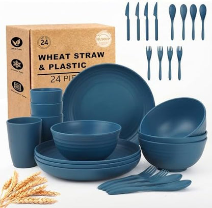 Dishes Set for 4, Unbreakable Plate and Bowl Set for 4 - Blue