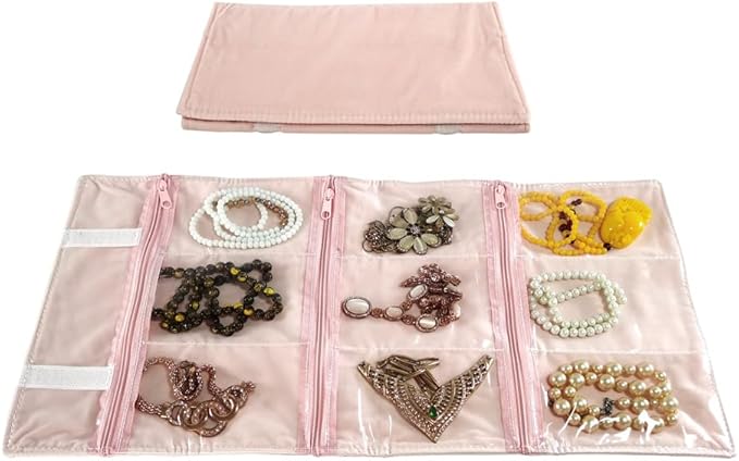 Travel Jewelry Roll Bag Portable Organizer Pouch With Grids&PVC Cover Storage Bags for Necklace, Bracelet, Bracelet,Ring, Badge, Pendant
