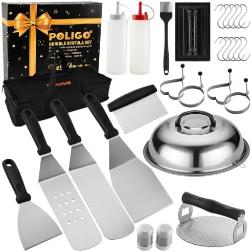 POLIGO 28PCS Griddle Accessories Kit, Flat Top Grill Accessories Set for Camp Chef, Grill Spatula Set with Enlarged Spatulas, Basting Cover, Scraper for Cooking Indoor or Outdoor Barbecue