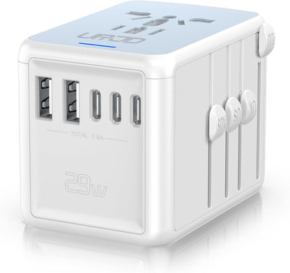 Universal Travel Adapter with 5 USB Ports (3 USB C) & Multi AC Outlet, International Power Plug Adapter Worldwide Travel Wall Charger for Europe UK US AUS (Type C/G/A/I, White)
