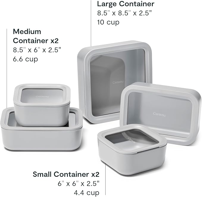 Caraway 13pc Glass Food Storage Container Set - Easy to Store, Non Toxic Lunch Box - with Glass Lids - Includes Storage Organizer - Gray