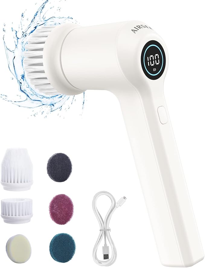 AIRSEE Electric Spin Scrubber, Cordless Power Rotating Brush, 2 Speeds, 6 Replaceable Brush Heads, Handheld Shower Bathroom Scrubber for Cleaning Floors, Windows, Bathtubs, Tiles, Sink, Car