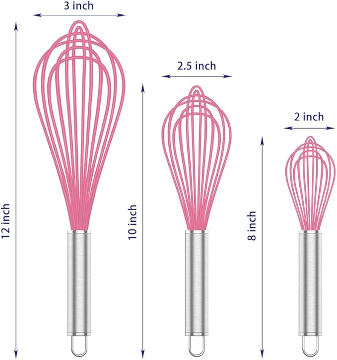 Pink Silicone Whisk, Professional Whisks For Cooking Non-Scratch, Stainless Steel & Silicone Wisk, Plastic Rubber Whisk Tool For Nonstick Cookware Pans, Silicon Wisks Set of 3