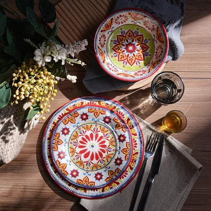 Premium Melamine Dinnerware Sets for 4, 12-Piece Plates and Bowls Sets, Red