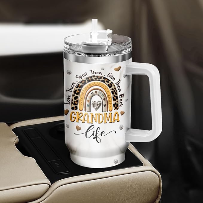 Nana Tumblers Handle Heart Daisy Cup Cups Coffee Print Black For Granny, Grandma Gifts, Tumbler 40 Oz With Handle Lid And Straw, Grandma Carving Rainbow Leopard Sunflower