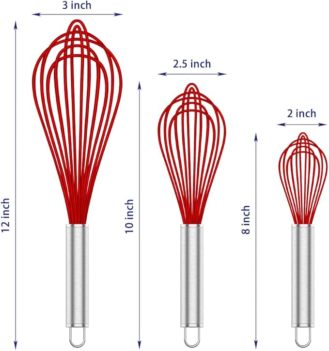 Silicone Rubber Whisk,Premium Whisks For Cooking Non Scratch,Stainless Steel & Silicone Wisk For Nonstick Cookware Pans, High Heat Resistant kitchen Whisks set of 3,Red
