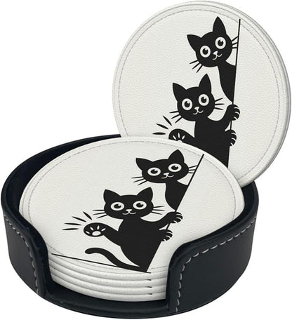 Cute Cats Coasters for Drinks Set of 6, Round Leather Coaster