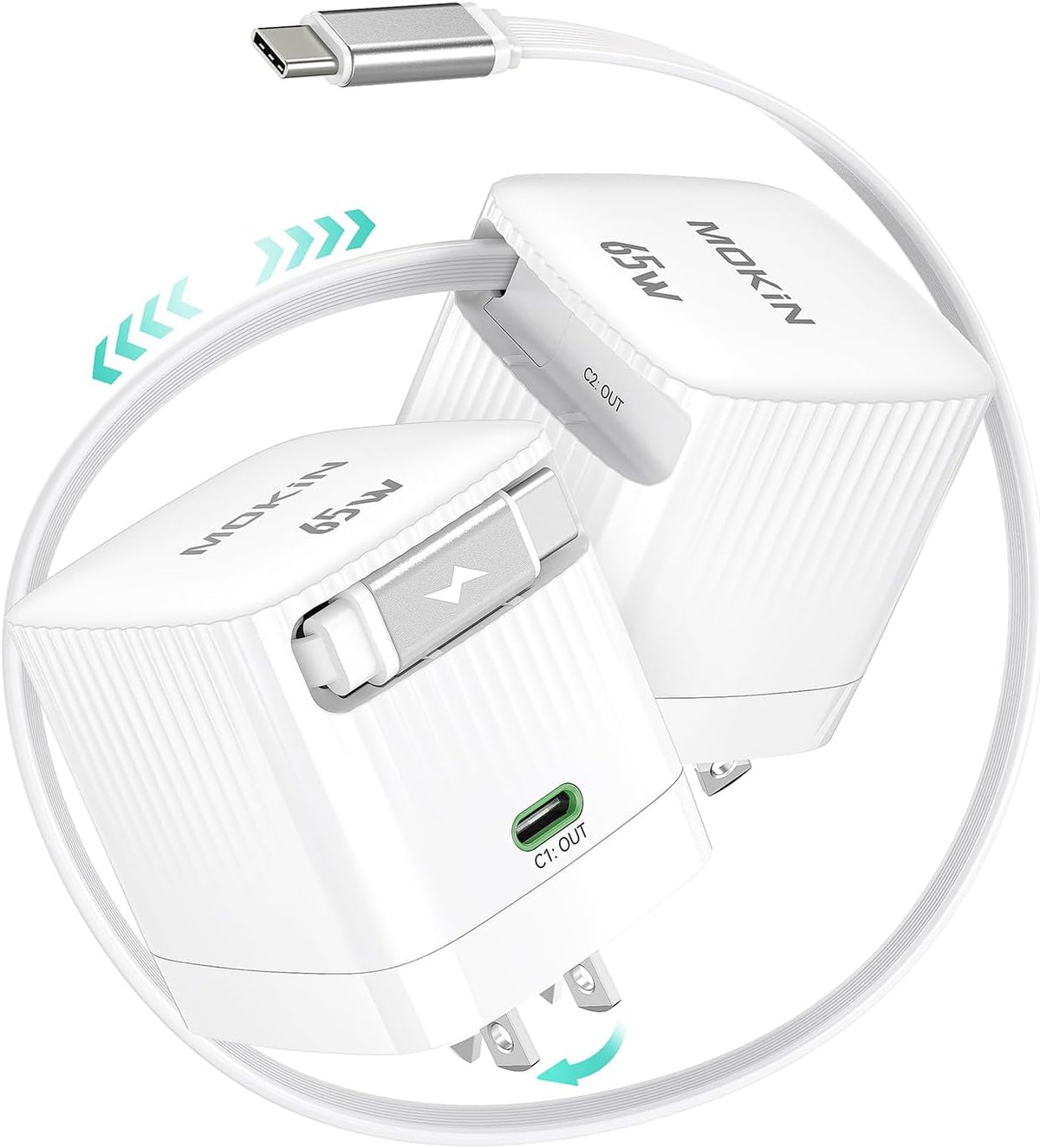 Retractable Wall Charger, 65W PD Fast USB C Charger Block with Retractable Type-C Cable, Travel Fast Charging Adapter with Foldable Plug for iPhone 16/15, MacBook Air, iPad Pro, Samsung, Pixel