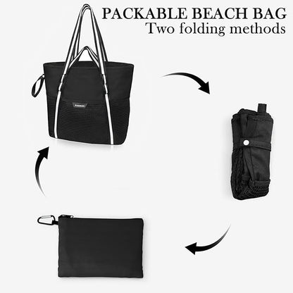 Beach Bag with Zipper - 8 Pockets Sandproof Beach Tote Bag for Women,Foldable Lightweight Family Swim Bag Vacation