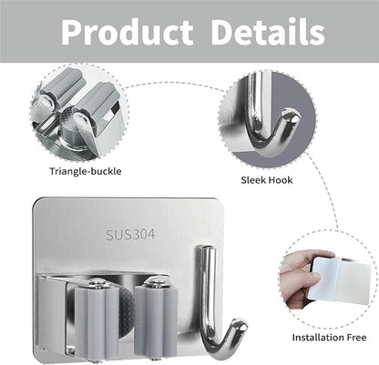 5 Pack Mop and Broom Holder Wall Mount, Silver Stainless Steel Mop and Broom Hanger with Hooks, Mop Broom Organizer for Closet Laundry Garage Garden Tool Organizer