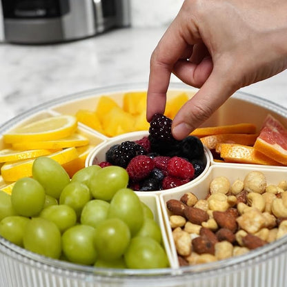 Snackle Box Container, Round Divided Serving Tray with lid 6parts for Veggie, Candy and Nuts Organizer for Travel, Party and Picnic (Cream/Silver)