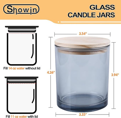 14 OZ Thick Candle Jars for Making Candles 12 Pcs, 3 Wick Empty Jars with Wood Lids for Candle Making, Sample Container,Clear Grey