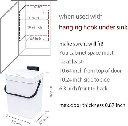 Kitchen Compost Bin Indoor for Counter Top,Hanging Small Trash Can with Lid,Food Waste Bin,Mountable Compost Busket 1.3 Gal/5 L Series,White