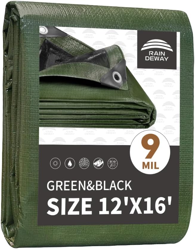 12x16 Feet Tarp Waterproof,9Mil Thick,Finished Size Tarps,UV Resistant,Durable,Multipurpose Poly Tarp Cover with Metal Grommets and Reinforced Edges,Green/Black by RAINDEWAY