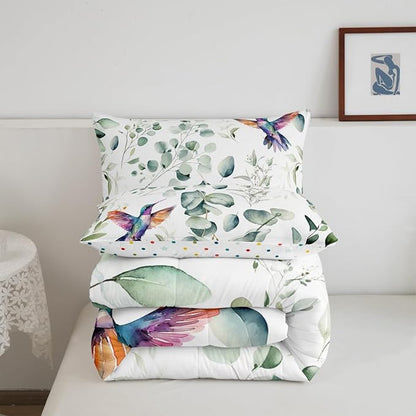 Erosebridal Cartoon Hummingbird Bedding Twin Toddler Wildlife Bird Comforter Set Twin, Plant Duvet Insert Eucalyptus Leaf Quilt Comforter, Jungle Animal Theme Bedding Comforters & Sets Kids Room Decor