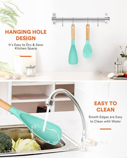 Cooking Spoon and Rice Scooper for Nonstick Cookwares, Great for Cooking and Serving Sturdy BPA-Free Matte Silicone, Wood Handle Spoon for Mixing, Scoop, and Scrape (GREEN)