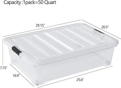 50 Quart Plastic Under Bed Storage Boxes, Clear Under Bed Storage Containers with Wheels, 3-Pack