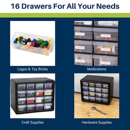 Akro-Mils 16-Drawer Plastic Drawer Storage Cabinet for Garage Organization, Beads, Makeup Organizer, Building Bricks Storage, Teacher Toolbox, 10-1/2-Inch W x 6-1/2-Inch D x 8-1/2-Inch H, 10116 White