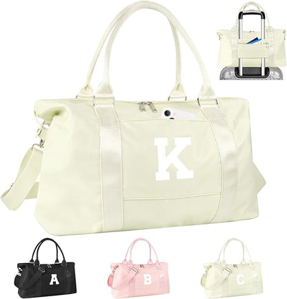 Initial Travel Duffel Bag Sports Gym Bag for Kids Teen Birthday Gifts,Beige Personalized Weekender Bag Carry On Dance Bags for Women Men,Waterproof Monogram Overnight Bag with Trolley Sleeve(Letter K)