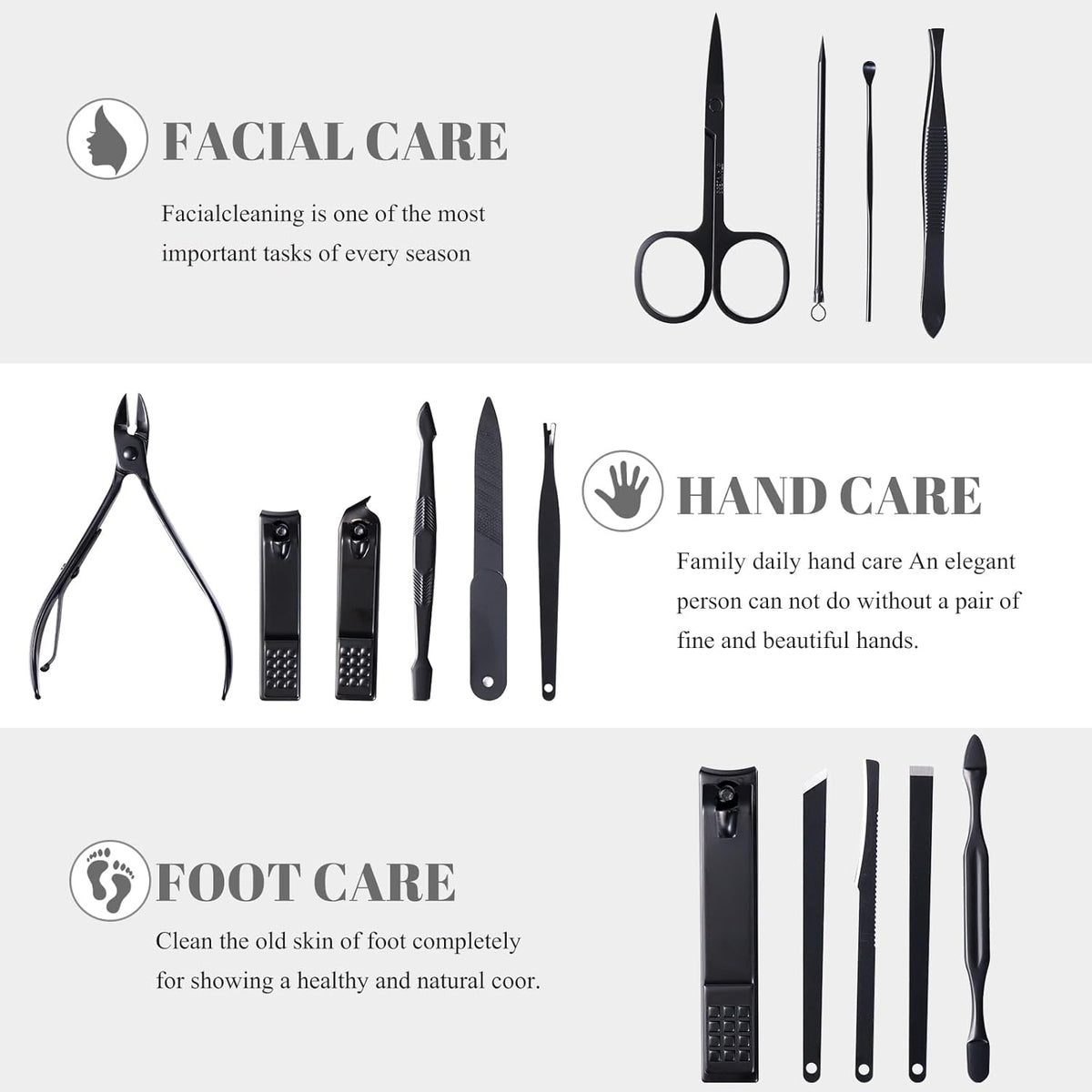 Manicure Pedicure Kit Nail Clippers Set Fingernails & Toenails Vibrissac Scissor 5 Pieces Best Care Tools for Man & Women with Travel Case (Gray/Black_A) (Dark 15 Pieces)