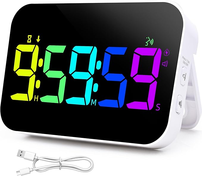 TXL Kitchen Timer for Cooking, Rechargeable Digital Magnetic Timer with Large LED Display, Loud Alarm, Sound Countdown, 4 Volume Levels and 3 Brightness for Classroom, Study (RGB)
