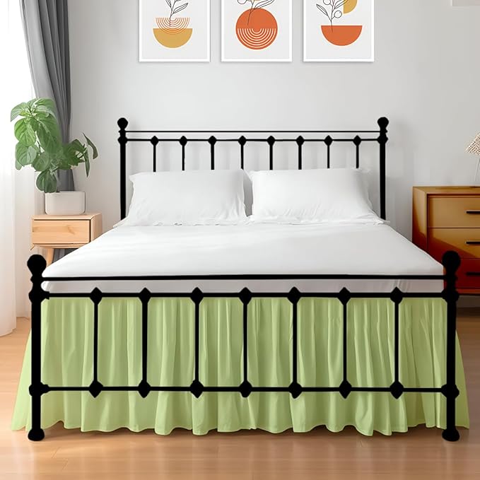 Shreem Linen Ruffled Bed Skirt with Split Corners, Gathered Style, 100% Microfiber, 30-Inch Drop, Dust Ruffle Bedskirt with Platform, Queen-XL, Sage