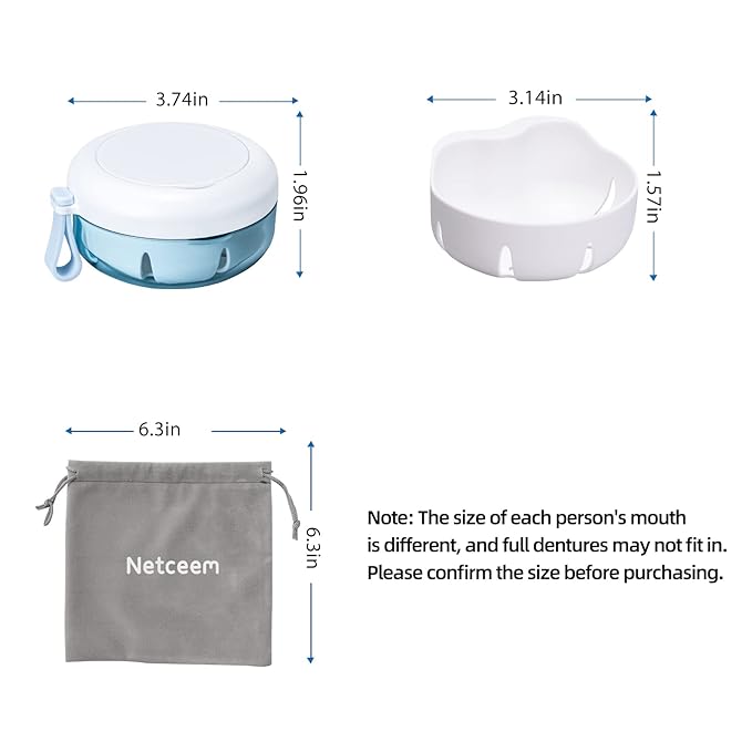 Leak Proof Denture Cup Kit Portable Retainer Case Perfect for Travel, Denture Case Container Cleaning Care for Dentures Aligner Mouth Guard with Denture Brush,Strainer, Removal Tool and Mirror