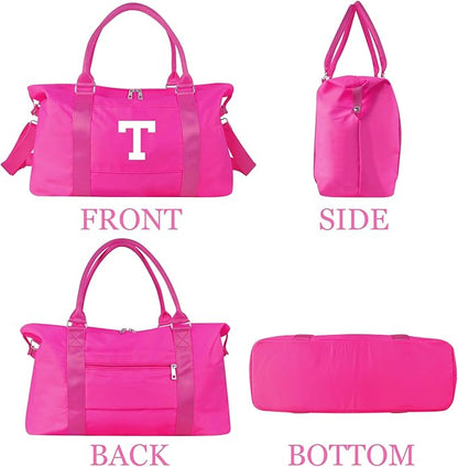 Overnight Bag for Kids Teen Girls Weekender Dance Bag Birthday Graduation Gifts,Initial Travel Duffel Bag Sports Gym Bag Personalized Weekender Bag Carry On Bags Preppy Gifts for Women(Hot Pink, T)
