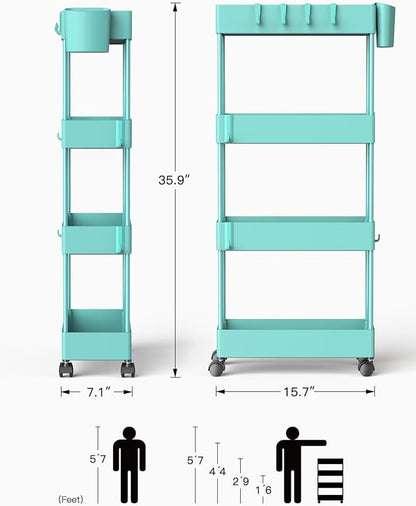 Pipishell Slim Storage Cart with Wheels, 4 Tier Bathroom Storage Organizer Rolling Utility Cart for Bathroom Kitchen Laundry Room Office Narrow Place (Turquoise)