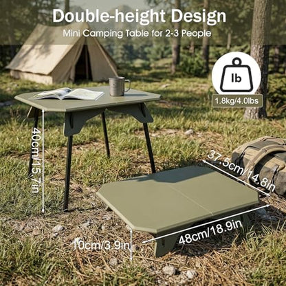 Folding Camping Table, 2-in-1 Adjustable Height Portable Outdoor Aluminum Camp Desk with Carrying Bag, Lightweight Foldable Table for Picnic, Beach, BBQ, Hiking, Fishing, Travel (Green)