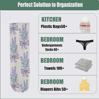 Lavender Plastic Bag Holder, Wall Mount Grocery Bag Holder for Plastic Bags, Bow Tie Washable Large Grocery Bags Storage Dispenser for Home Kitchen Pantry Decor, Purple Gifts for Women Wife Grandma