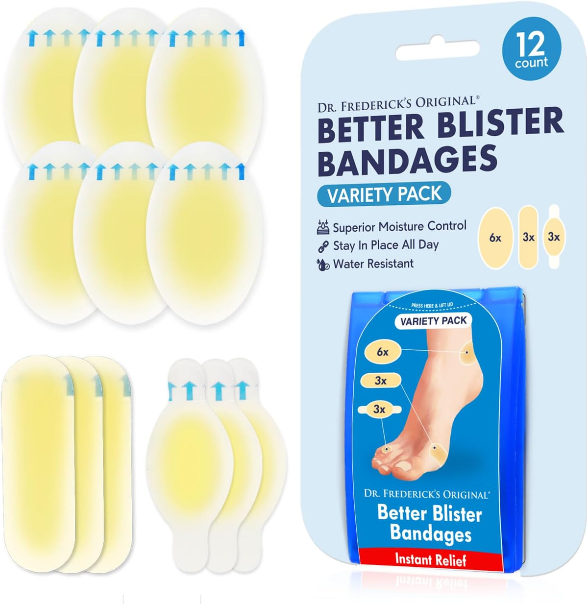 Dr. Frederick's Original Better Blister Bandages - 12ct - Water Resistant - 40% More Cushioning - Hydrocolloid Bandages for Foot, Toe, & Heel - Blister Pads for Prevention & Recovery - Variety Pack