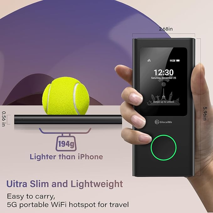 GlocalMe Numen Air 5G Hotspot with 30GB US/CA/MX Data 60Days, Portable WiFi Hotspot for Travel, Ultra High Speed Mobile Hotspot Device with Touch Screen, No SIM Card Required, 16 Connected Devices