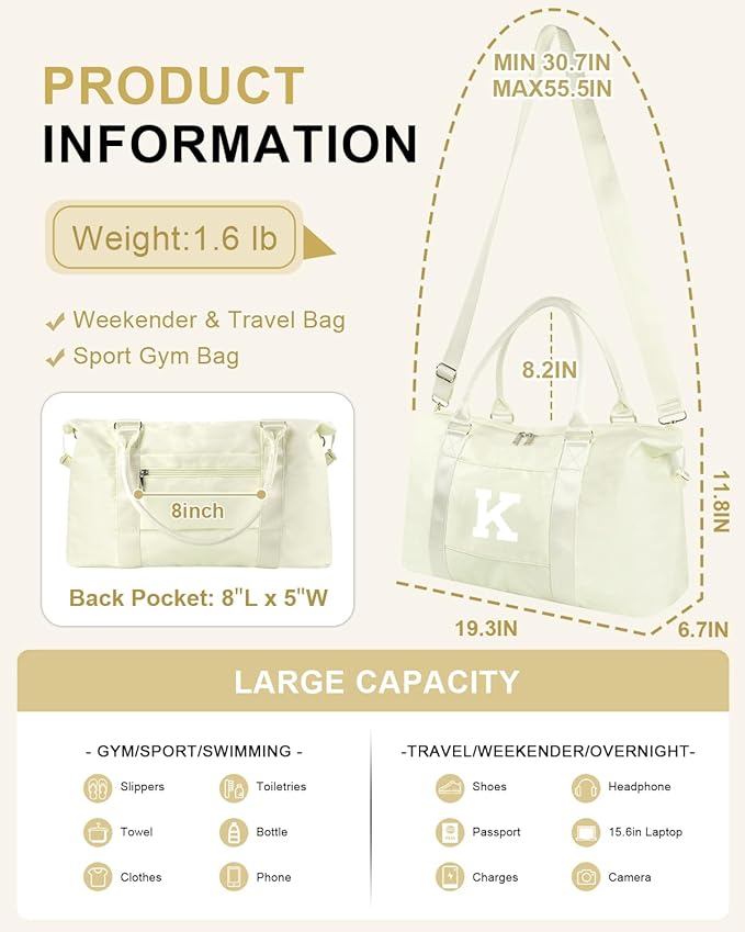 Initial Travel Duffel Bag Sports Gym Bag for Kids Teen Birthday Gifts,Beige Personalized Weekender Bag Carry On Dance Bags for Women Men,Waterproof Monogram Overnight Bag with Trolley Sleeve(Letter K)