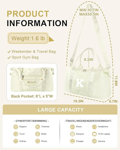 Initial Travel Duffel Bag Sports Gym Bag for Kids Teen Birthday Gifts,Beige Personalized Weekender Bag Carry On Dance Bags for Women Men,Waterproof Monogram Overnight Bag with Trolley Sleeve(Letter K)