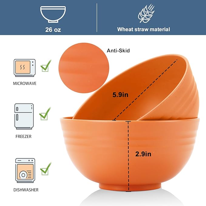 Wheat Straw Bowl Sets,8 PCS Unbreakable Cereal Bowls 26 OZ,Microwave and Dishwasher Safe Bowl Sets, Bowls suitable for picnic,camping and R.V. (Orange)
