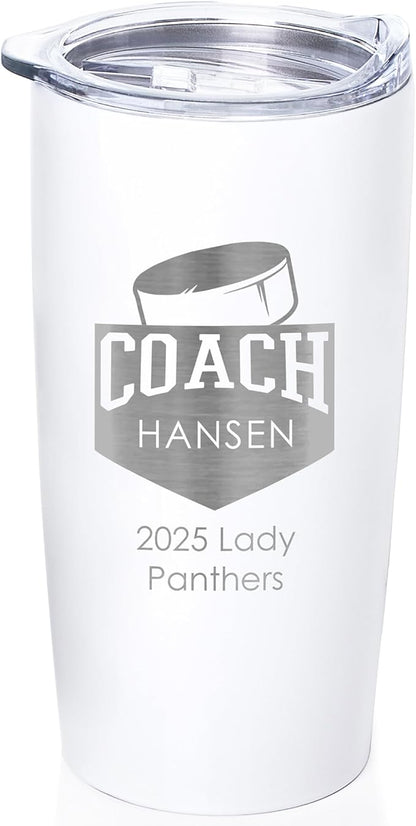 Lifetime Creations Personalized Hockey Coach Tumbler: Custom Hockey Coach Gift, Coaches Coffee Travel Mug from Team, Insulated Engraved Stainless Steel 20 Ounce Cup (White)