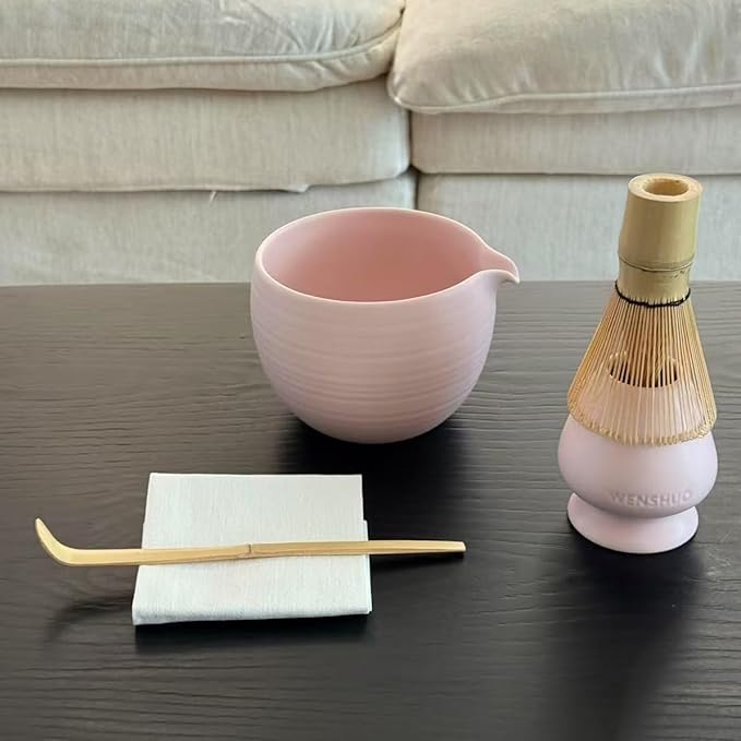 Matcha Whisk Set, Ceramic Matcha Bowl & Whisk Holder, Bamboo Accessory, Modern Design (Matte Soft Pink, Pouring Spout)
