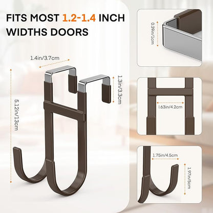FYY Over The Door Hooks - 2 Pack Heavy Duty Dual-Hook Organizer Hanger with Non-Slip Rubber for Towels, Clothes, Hats & Bags Use in Bathroom, Bedroom, Kitchen - Fits Interior Doors Up to 1 3/8" Brown