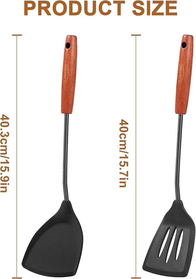 FJNATINH Silicone Spatulas and Turner Set - Stainless Steel Wok Tools, Wok Utensil, Non Stick Turners, Heat Resistant Rubber Spatulas for Fish, Eggs, Pancakes, Wok, Black of 2