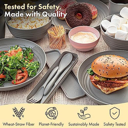 FOODLE Wheat Straw Dinnerware Set - RV, Camping, Picnic Plates Cups & Bowls
